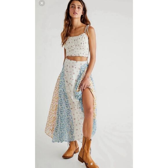 Free People Kaia White Floral Cottage Core Set Midi Skirt Spaghetti Strap Top Sm - Picture 1 of 16